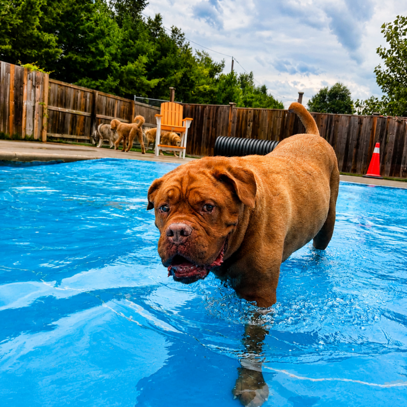 Dogue de Bordeaux wading in the beach entry of the swimming pool at The Fox and Hound
